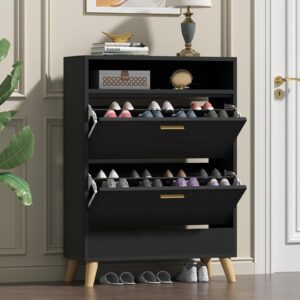 shoe storage cabinet for entryway, free standing shoe organizer with 2 flip drawers, slim narrow hidden shoe rack cabinet with open shelf, shoe cabinet for hallway, living room (black)