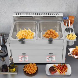 Commercial Deep Fryer, Gas Countertop Deep Fryer With Basket and Lid, Dual Tank Kitchen Fat Fryer, Use for Fry French Fries, Chicken Wings, Fish, Applied to Restaurants, Fast Food Stalls, Snack Shops