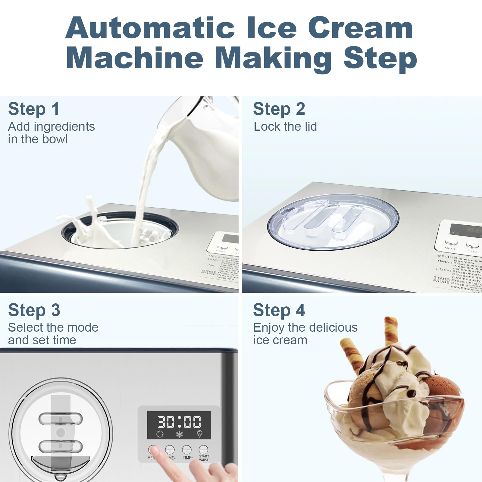 2.1 QT Ice Cream Maker with Compressor, LCD Digital Display & Timer, No Pre-freezing, Automatic Electric Ice Cream Machine for Homemade Use