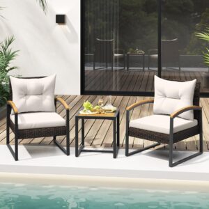 Tangkula 3 Piece Patio Conversation Set, Includes 2 Rattan Chairs and Coffee Table, Solid Acacia Wood Armrests & Tabletop, Outdoor Cushioned Wicker Furniture Set for Backyard, Poolside, Lawn, Garden