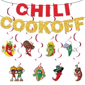 chili cook off decorations, 1 pc chili cook off banner 8 pcs chili hanging swirls for chili contest tasting competition, chili party banners glittery chili festival party supplies