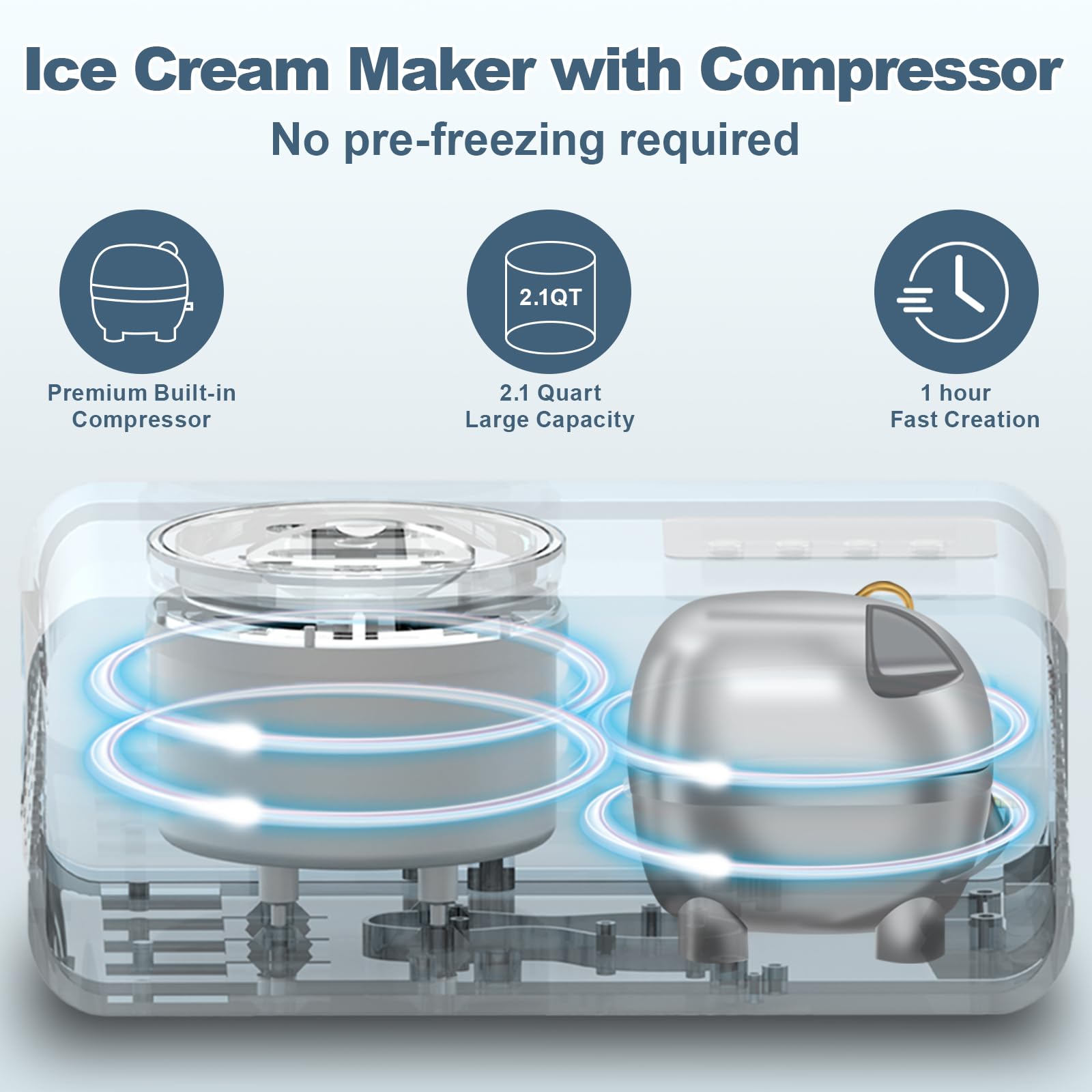 2.1 QT Ice Cream Maker with Compressor, LCD Digital Display & Timer, No Pre-freezing, Automatic Electric Ice Cream Machine for Homemade Use