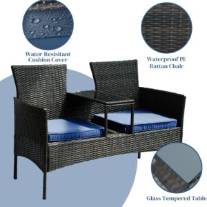 TINKLE WELL Wicker Outdoor Loveseat Modern Rattan 2-Seat Patio Conversation Set with Cushions & Built-in Coffee Table Porch Furniture for Garden Lawn Backyard, Black