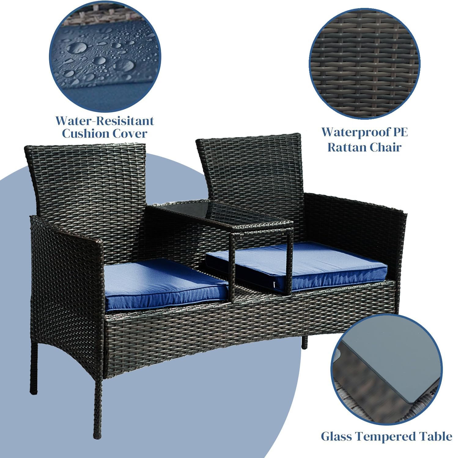 TINKLE WELL Wicker Outdoor Loveseat Modern Rattan 2-Seat Patio Conversation Set with Cushions & Built-in Coffee Table Porch Furniture for Garden Lawn Backyard, Black