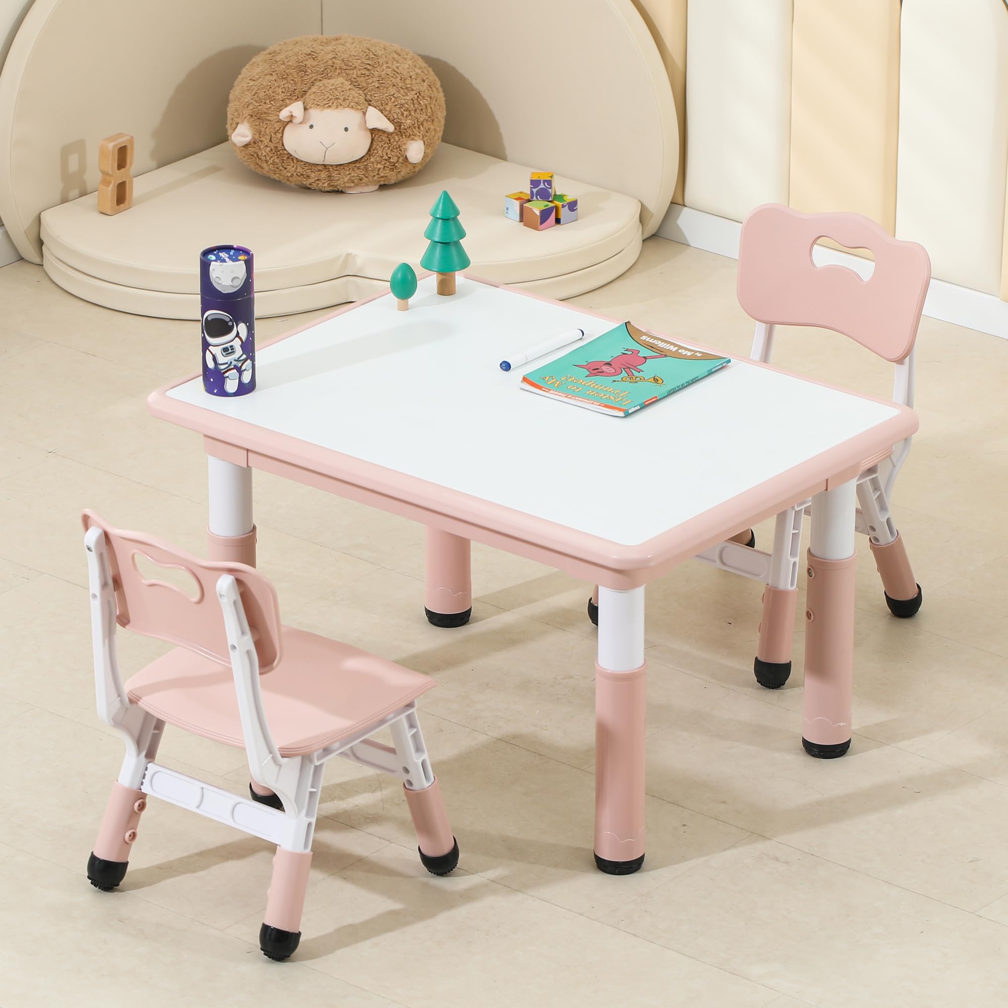 Kids Table and Chairs, Height-Adjustable Toddler Table and Chair Set with 31.5''Lx23.6''W Graffiti Desktop, Table Chair for Ages 3-8, Childrens Table and Chair Set for Daycare with 2 Chairs, Pink