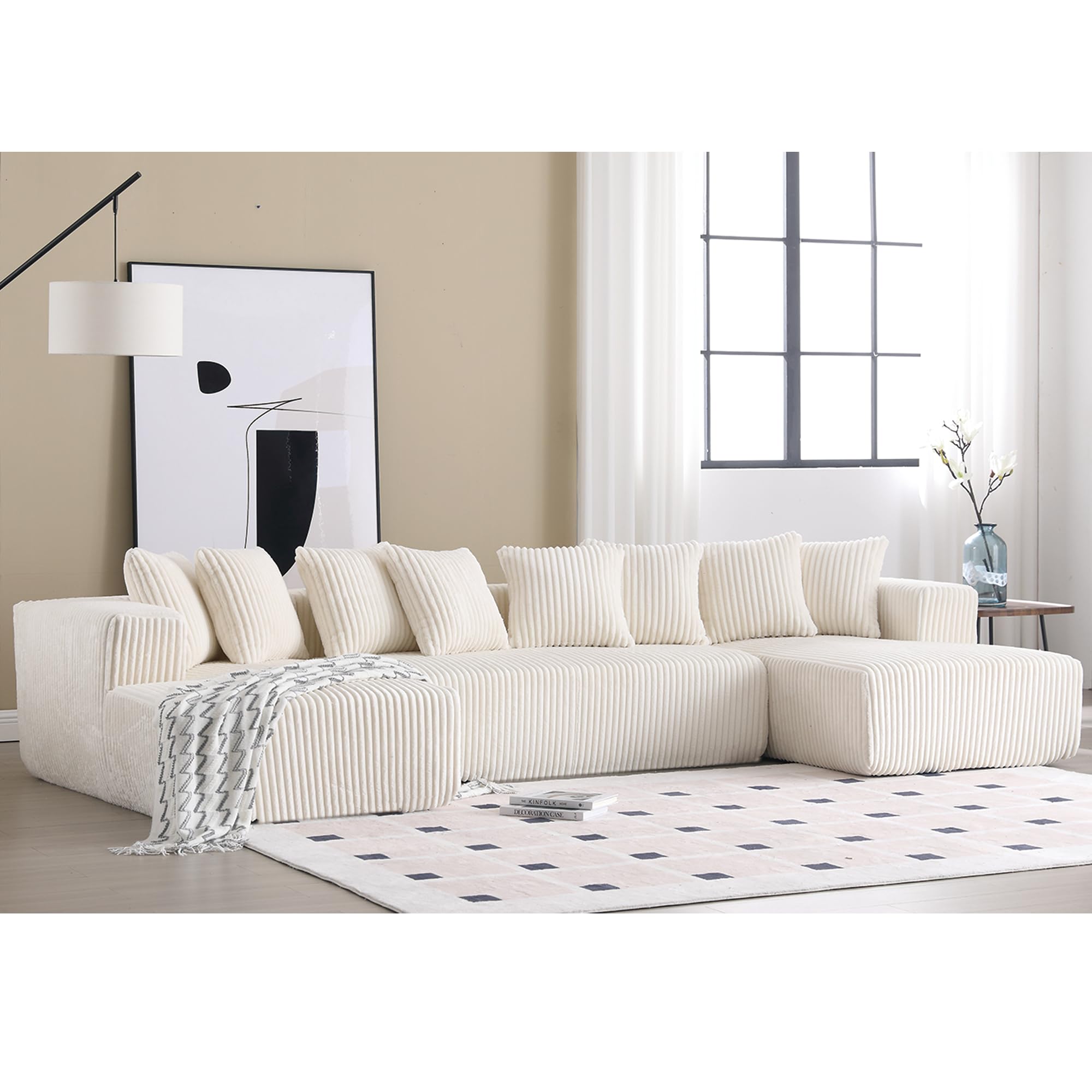 Plococo 131'' Modular Sectional Couch, U-Shaped Sofa, Chaise Lounge, Striped Corduroy Fabric,Upholstered 4 Seater Couch for Living Room, Bedroom, Free Combination Sofa (White)