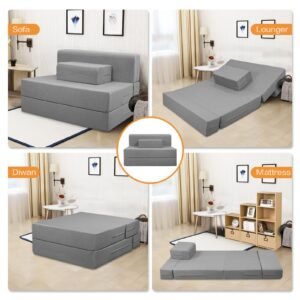 QIUBABYO Folding Sofa Bed Couch with Armrest-Convertible Sleeping Mattress Guest Bed Lounger,Memory Foam Foldable Mattress with Luxury Washable & Removable Cover, 75"x47"x8 (Light Grey)