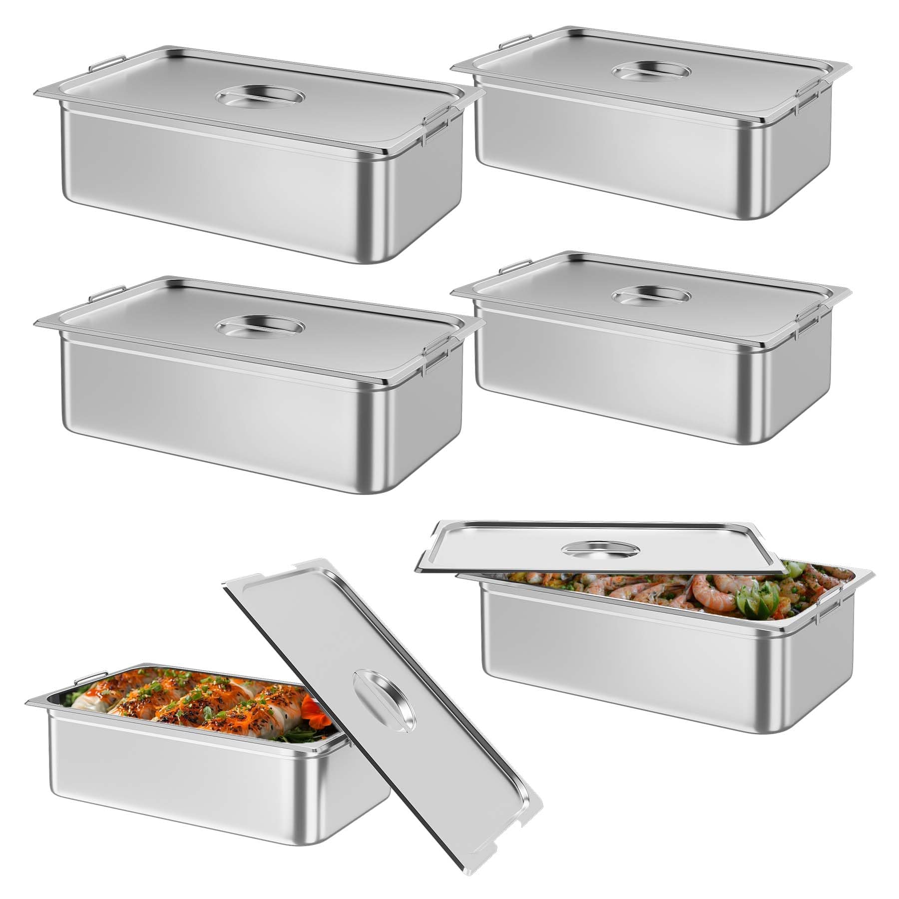 Full Size Steam Table Pans with Handle & Lid, 6-Pack 6 Inch Deep Restaurant Steam Table Pans Commercial, Anti-Jamming Hotel Pan Stainless Steel