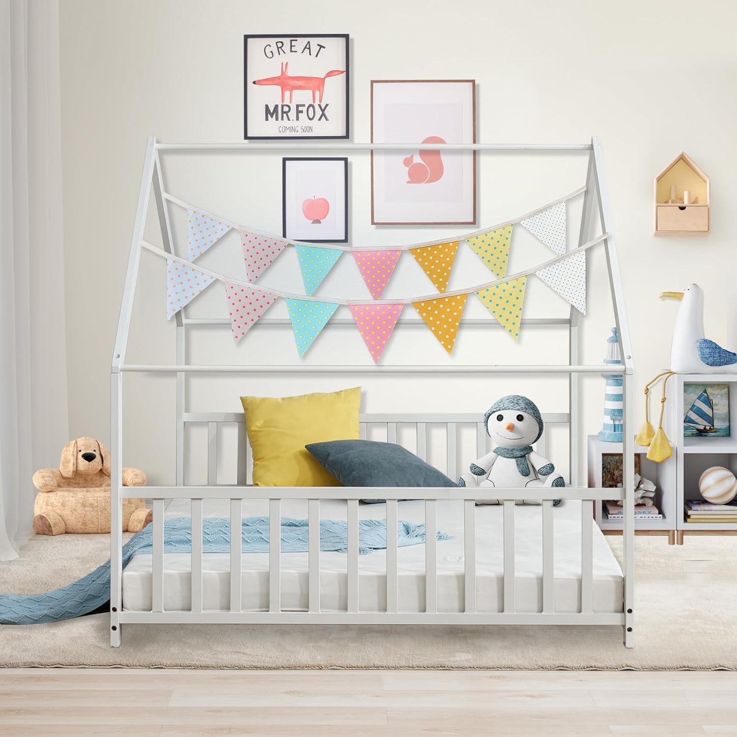 Pipleo Full Size Floor Bed, Wood House Bed with Headboard and Footboard, Montessori Wood Bed, Playhouse Toddler Floor Bed Frame for Boys, Girls, No Box Spring Needed (White, Full Size)