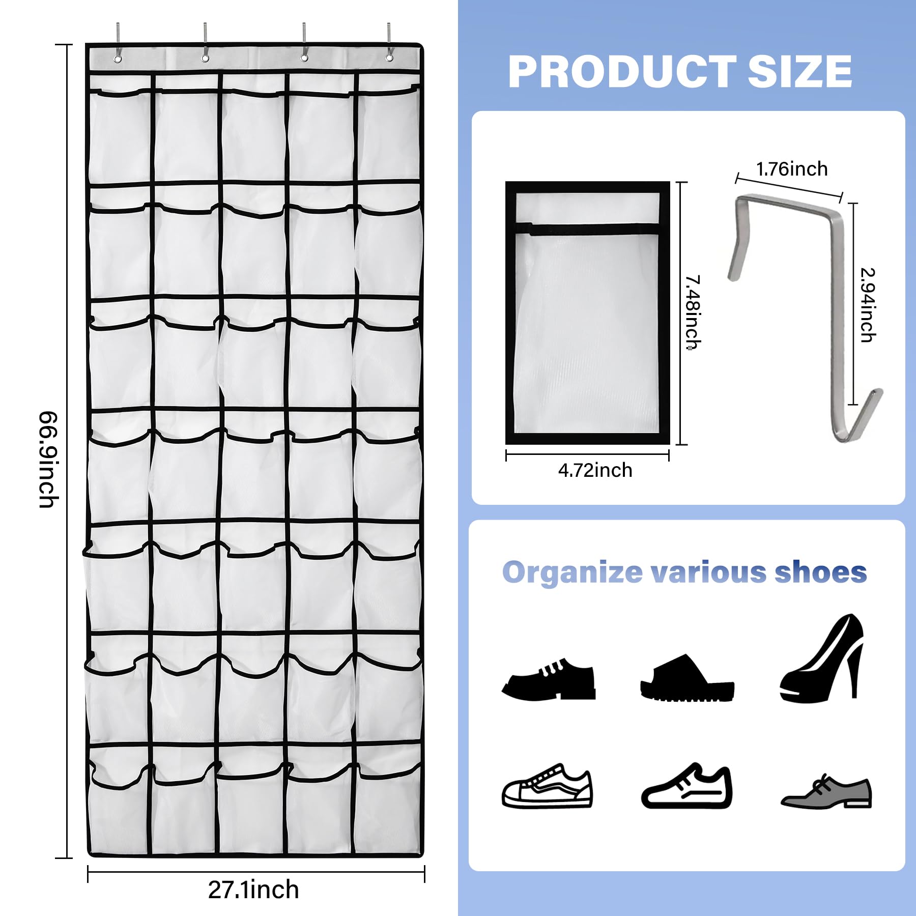 35Large Pockets Over The Door Shoe Organizer, Mesh Pockets Shoe Holder Rack, Capacity Shoe Hanging Storage With 4 Metal Hook35Large Pockets Over The Door Shoe Organizer, Mesh Pockets Shoe Holder Rack,