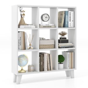 giantex 9-cube open bookcase, 3-tier freestanding bookshelf with 4 slanted legs & 6 removable shelves, modern cubby storage organizer, wood display book shelf for living room bedroom study, white