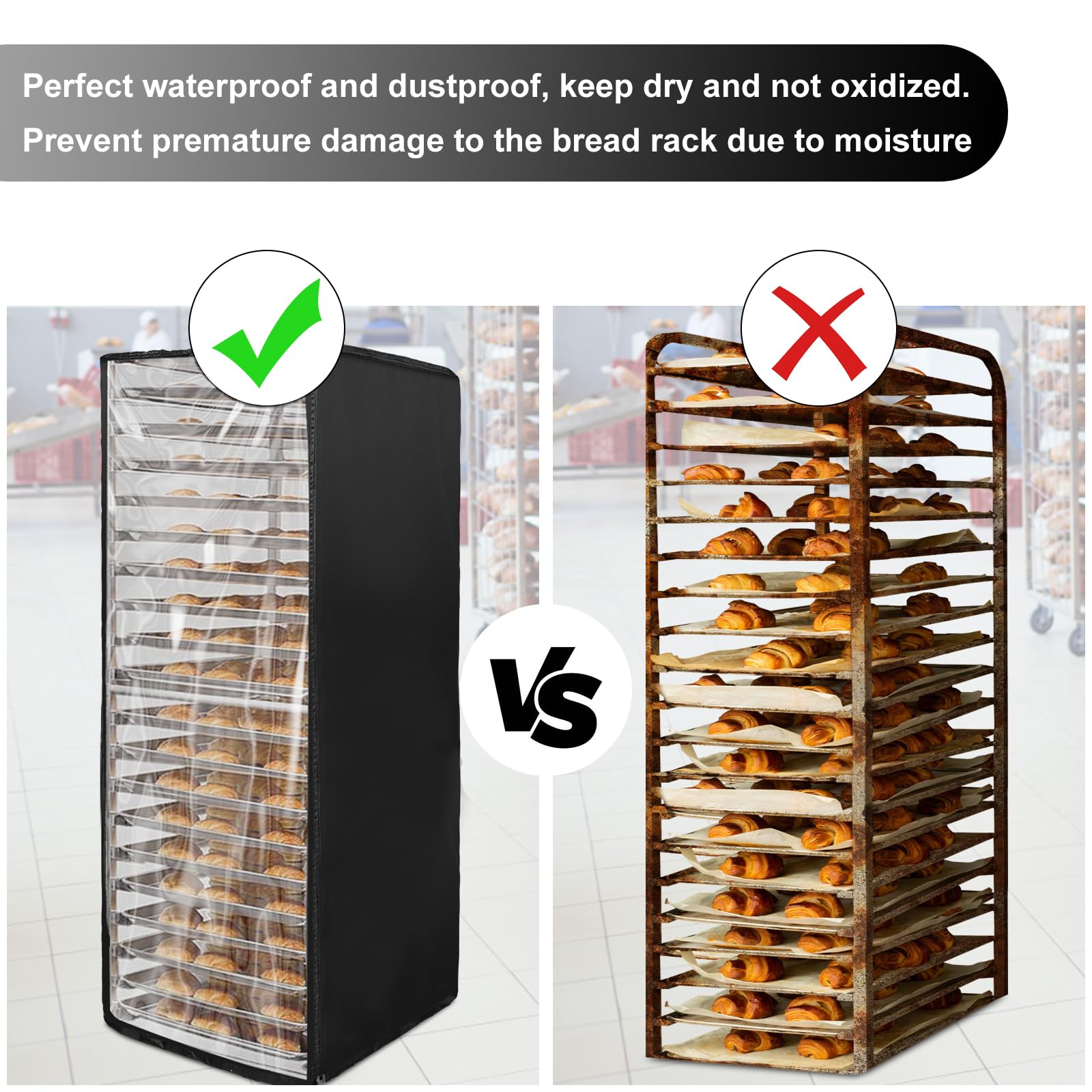 Commercial Bakery Racks Cover Bread Rack Cover with Zipper, 20tier Sheet Pan Rack/Bun Pan Rack Cover with Vents ，23"X28"X64" Bakery Single Rack Covers Waterproof and Dustproof，Black