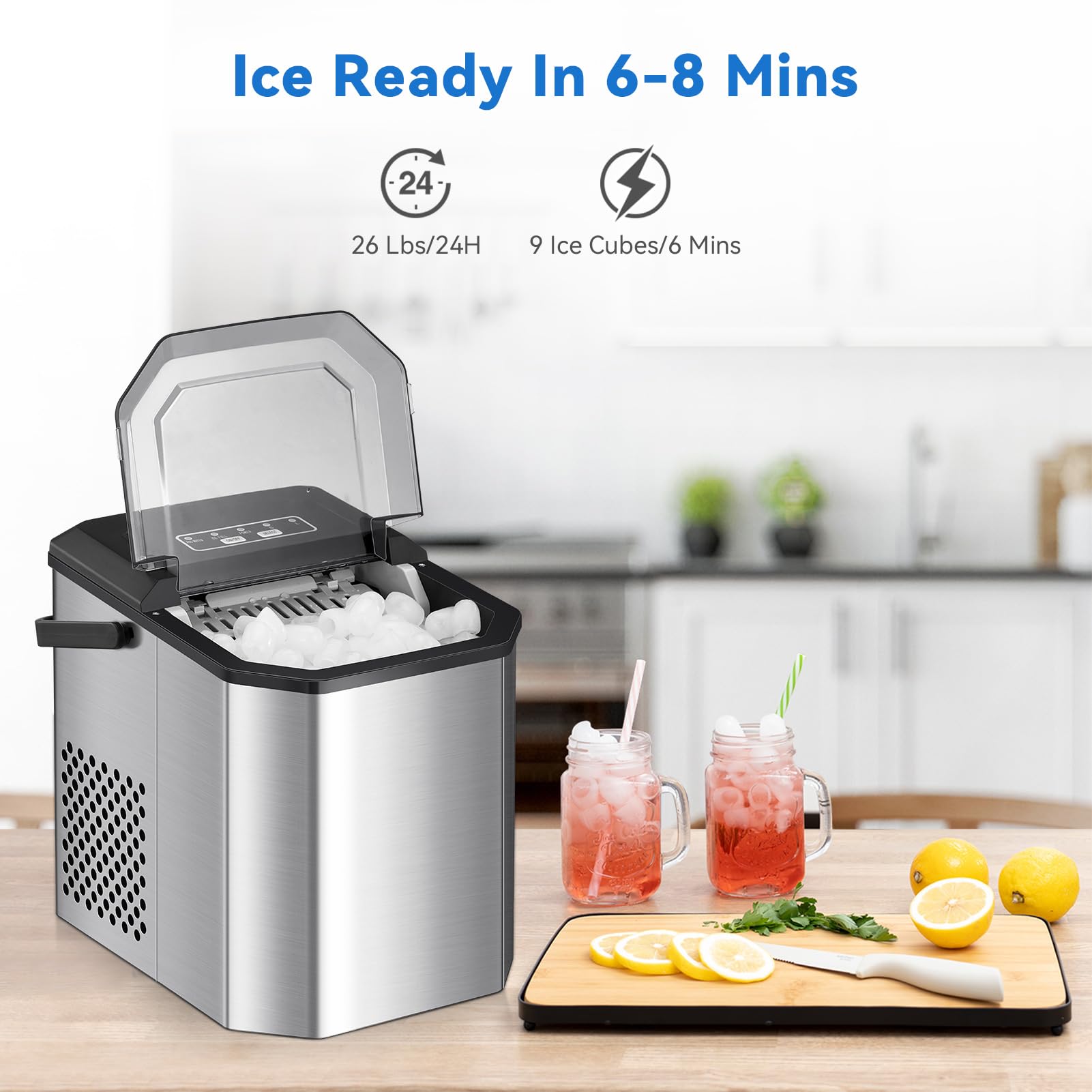 Ice Maker,Countertop Ice maker 26LBs/24H, 9 Ice Cubes Ready in 6 Mins,Ice Makers Countertop Self-Cleaning,Bullet-shaped Nugget Ice Produced with Basket and Ice Scoop, Smart Ice Full Alert Feature.