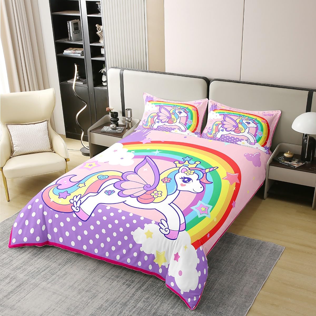 Erosebridal 100% Organic Unicorn Cotton Duvet Cover Twin Size, Rainbow Cloud Comforter Cover, Animals Castle Bed Set for Girls, Purple Yellow Pink Dot Kid Girls Cartoon Quilt Cover