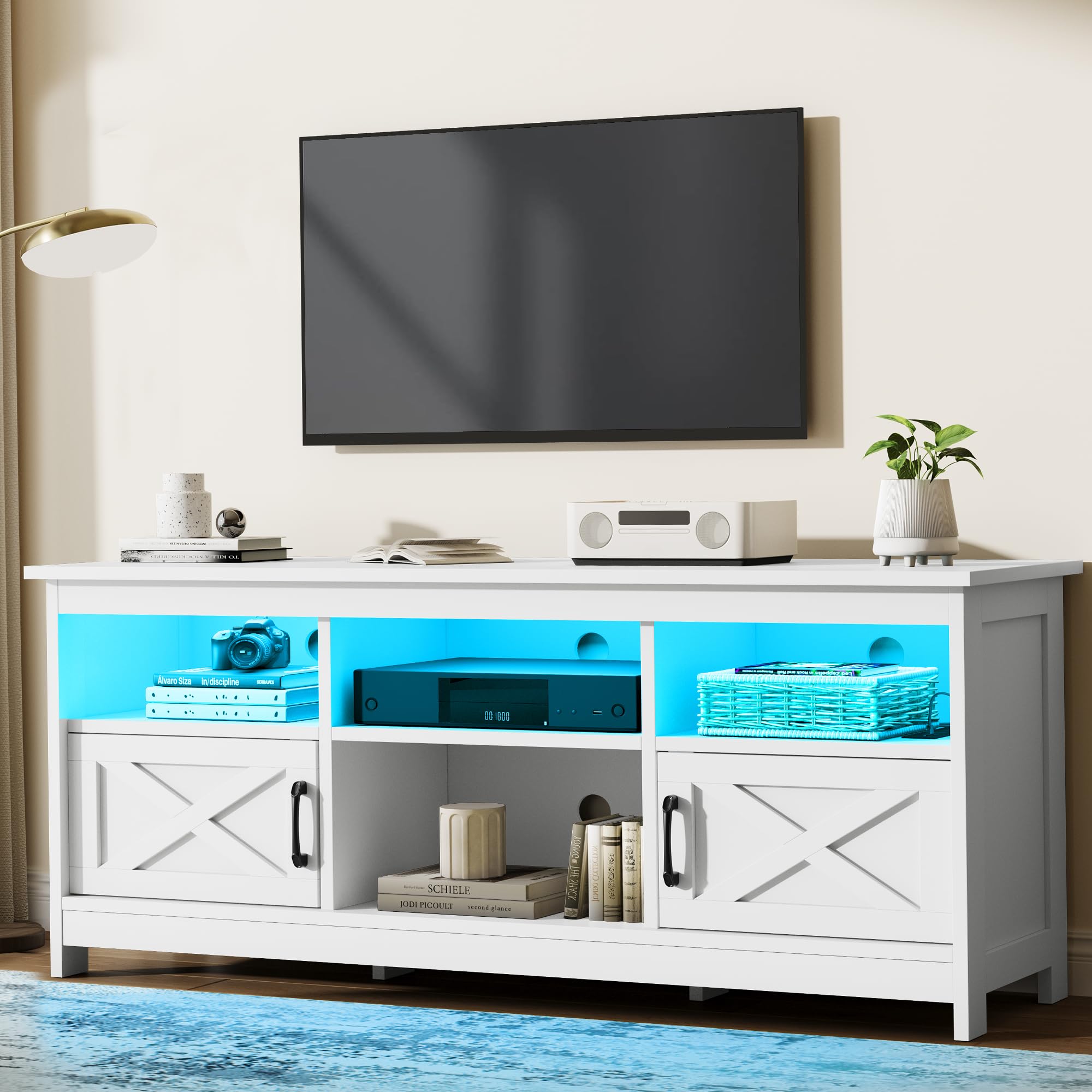 YITAHOME Farmhouse TV Stand with Power Outlet, LED Light Entertainment Center for TVs up to 65 Inch, TV Cabinet with Storage, Rustic Media Console for Living Room, 59" White