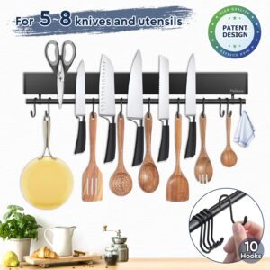 Pailexin 17 inch magnetic knife holder with 10 hooks, No Drilling black knife magnetic strip and utensil hanger for wall, Powerful knife magnet rack include tape and screws