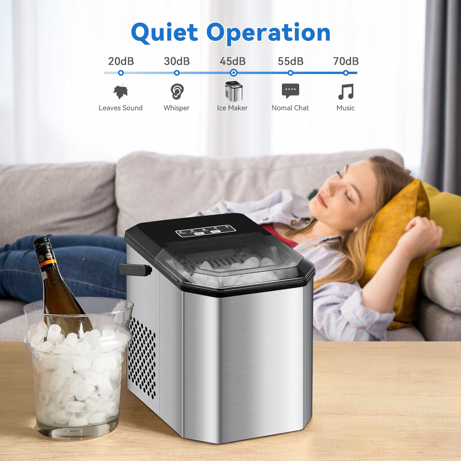 Ice Maker,Countertop Ice maker 26LBs/24H, 9 Ice Cubes Ready in 6 Mins,Ice Makers Countertop Self-Cleaning,Bullet-shaped Nugget Ice Produced with Basket and Ice Scoop, Smart Ice Full Alert Feature.