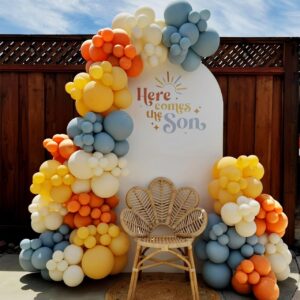 here comes the son balloon arch garland kit 147pcs boho retro dusty blue burnt orange mustard yellow balloons for baby boy shower first trip around the sun sunshine theme birthday party decorations