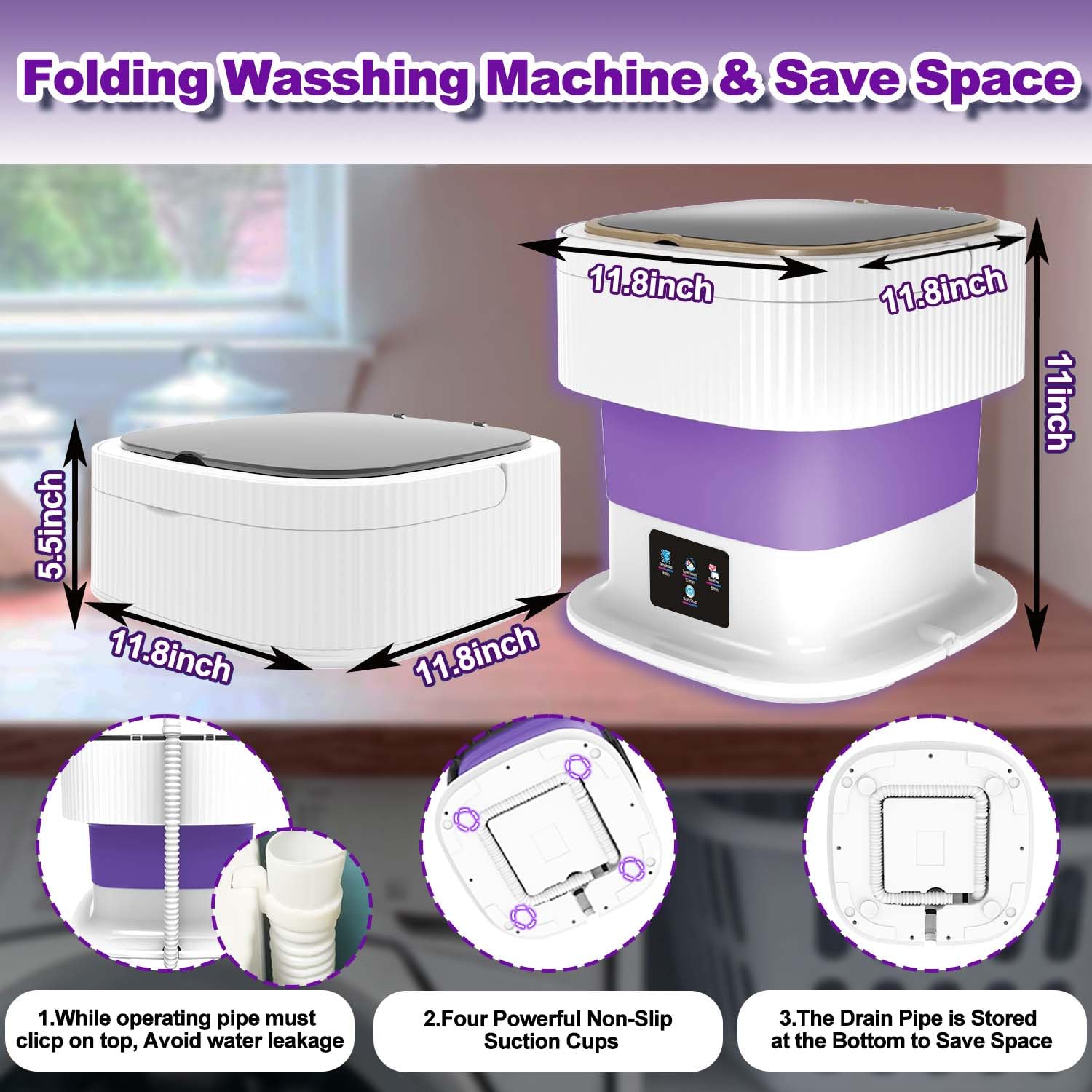 Mini Washing Machine, Portable Foldable Washer, 11L Large Capacity Upgrade Model, Small Collapsible Compact Laundry Washer and spin dryer, Apartment, Dorm, Rv, Socks, Underwear, Baby Clothes (Purple)