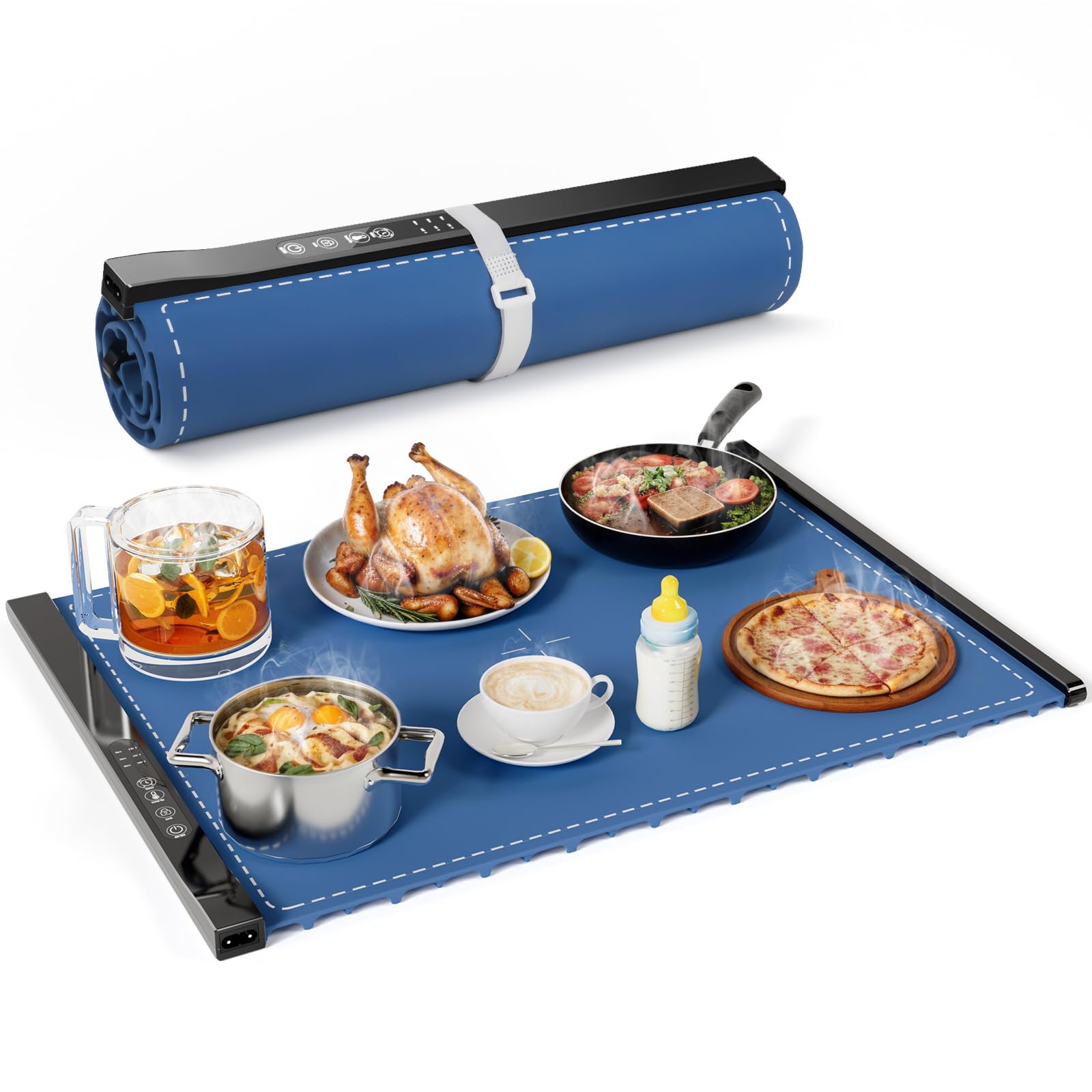 Warming Mat for Food - Electric Food Warming Mat, Full Surface Heating, 3 Temp Settings, Food Warming Mats for Countertop, Child Lock, Timed Shutdown, Heating Mat for Food (Blue)