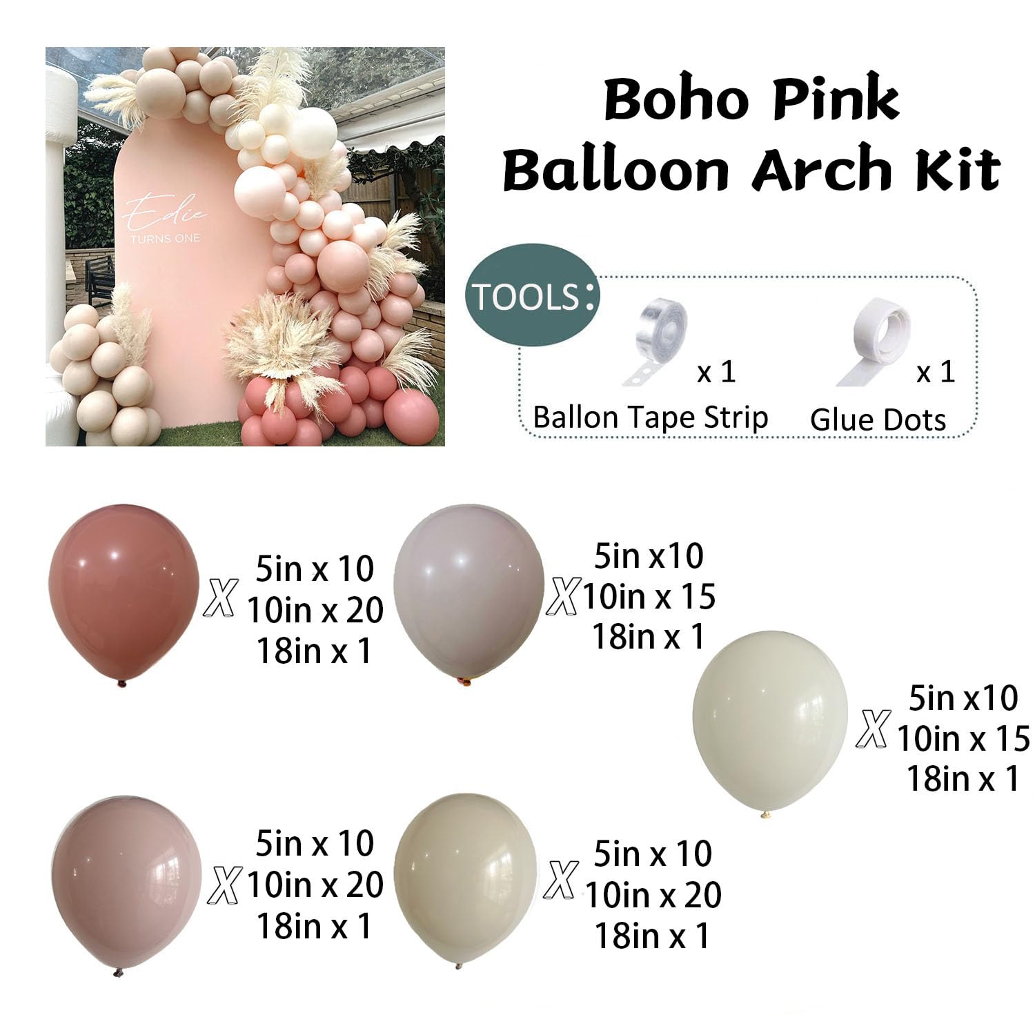 147Pcs Boho Dusty Rose Pink Balloon Arch Garland Kit Neutral Nude Mauve Pastel Pink White Sand Ivory White Balloons for Girls Baby Shower Bridal Shower Birthday Wedding Party Decorations