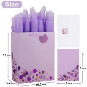 13" Large Purple Gift Bag Set with Greeting Card and Tissue Paper (Purple Foil Dots) for Celebrating Birthdays, Baby Shower, Weddings, Anniversary, Valentine's Day, Mother's Day - 10.2”x5.2”x13”, 1 Pcs.