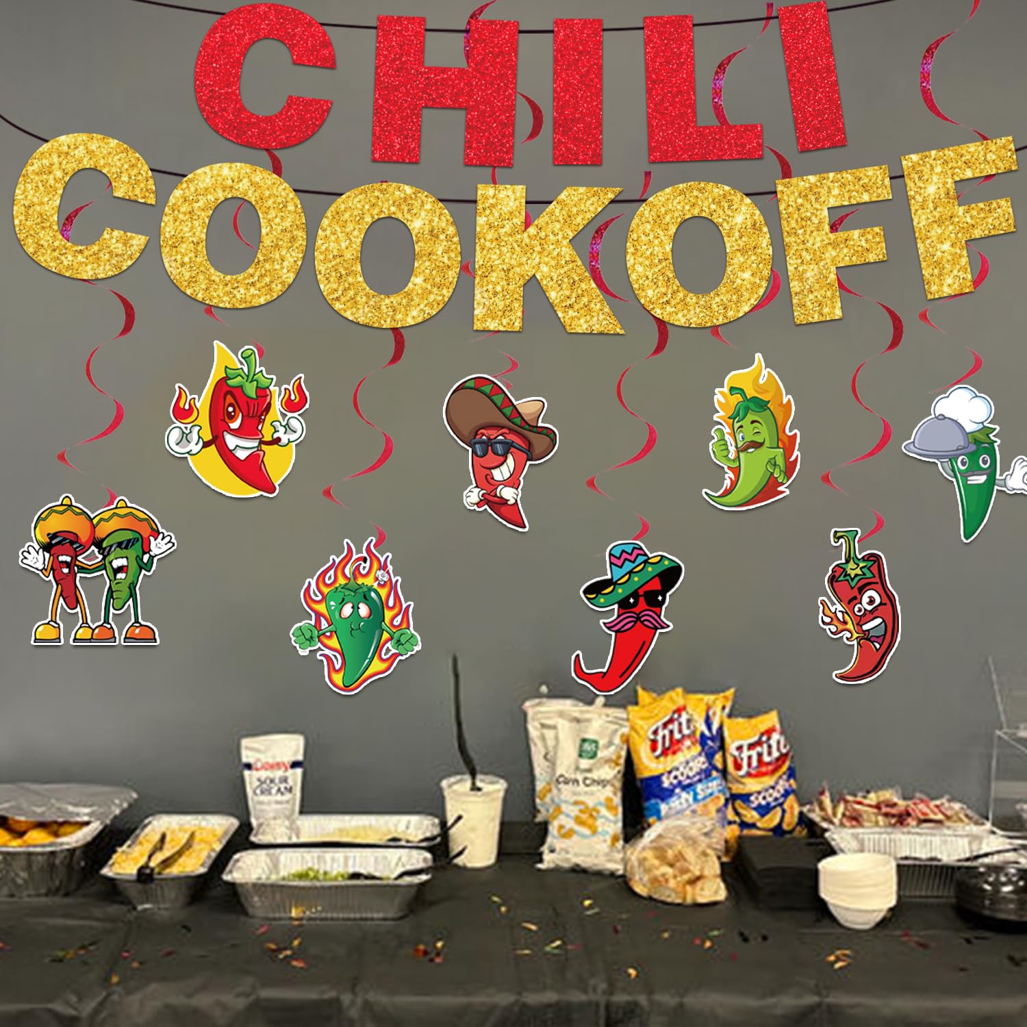 Chili Cook Off Decorations, 1 Pc Chili Cook Off Banner 8 Pcs Chili Hanging Swirls for Chili Contest Tasting Competition, Chili Party Banners Glittery Chili Festival Party Supplies