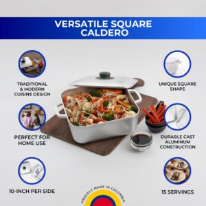 Universal Unique Square Caldero (6 Quart - 15 Cups), Stainless Aluminum Pot, Oven Safe, Even Heat Distribution and Fast Cooking Dutch Oven Pot with Lid, Ideal for Rice, French Fries, and More