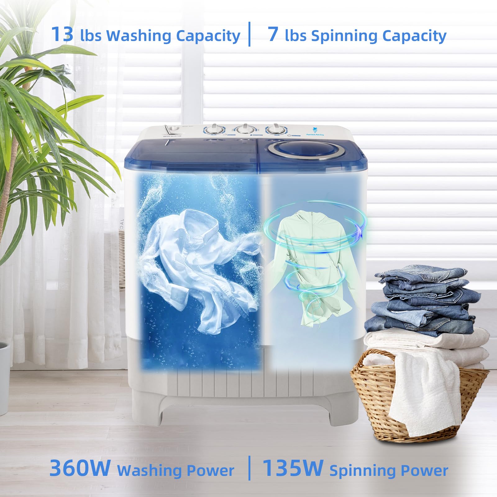 JANREAY XPB60-9SVA-D Portable Washing Machine 20lbs Twin Tub Washer(13lbs) & Spinner(7lbs), Compact Laundry for RV, Apartments and Dorms White