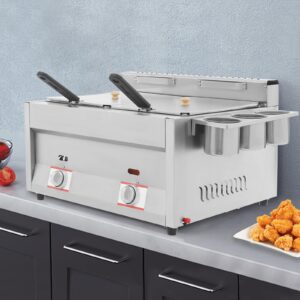 Commercial Deep Fryer, Gas Countertop Deep Fryer With Basket and Lid, Dual Tank Kitchen Fat Fryer, Use for Fry French Fries, Chicken Wings, Fish, Applied to Restaurants, Fast Food Stalls, Snack Shops