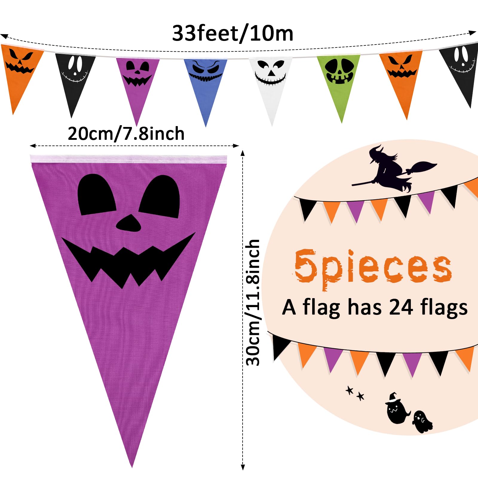 HunnmingRe 164 Feet Halloween Pennant Banner Flags 5 Pcs Scare Face Fabric Triangle Flags Bunting Garland DIY String Banner for Halloween Party Hanging Decoration Garden Indoor Outdoor