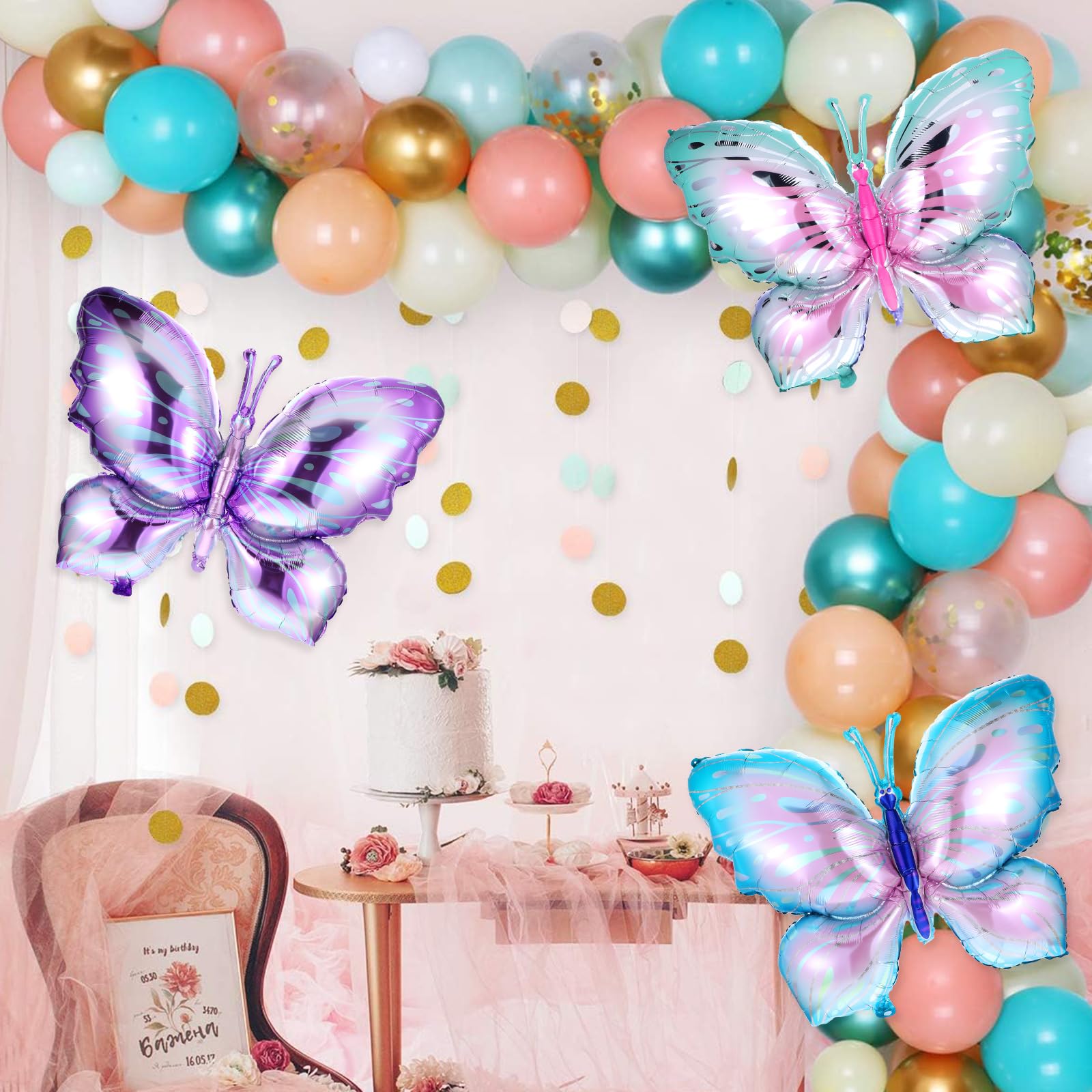 Butterfly Birthday Decorations, 6Pcs 40Inch Large Beautiful Butterfly Foil Mylar Balloons Butterfly Themed Birthday Party Decors for Girls, Baby Shower Decorations (Pink/Blue/Purple)