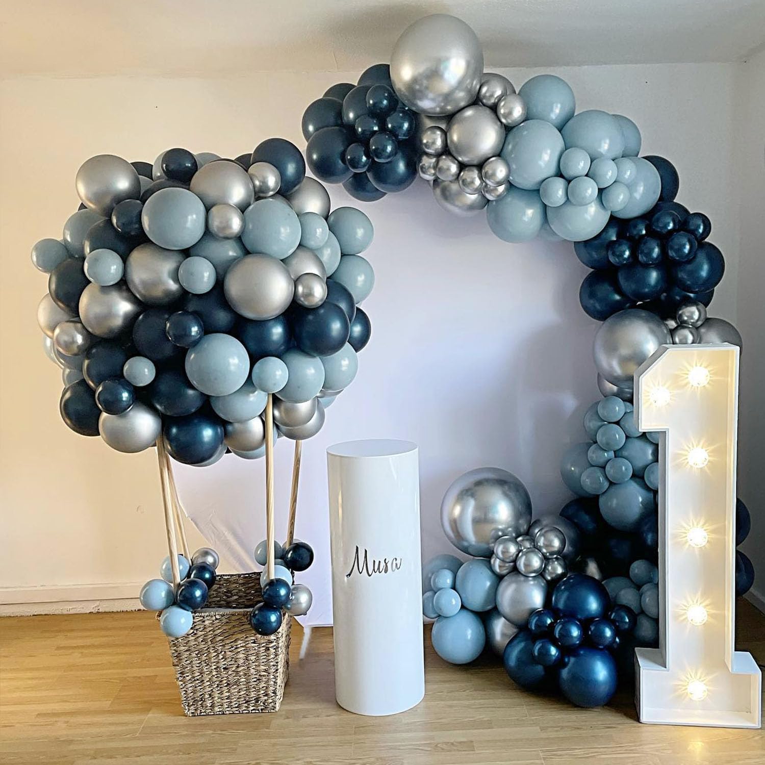 140Pcs Blue Balloon Arch Garland Kit, Navy Blue Dusty Blue Metallic Silver White Latex Balloons for Boys Men Birthday Baby Shower Wedding Gender Reveal Graduation Outer Space Party Decorations