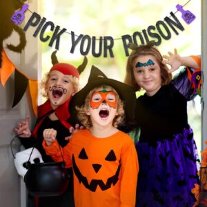 Black Glitter Pick Your Poison Banner - Halloween Hanging Paper Garland Bunting Banner with Purple Potion Bottle Decorations, Photo Backdrop for Wall Home Mantel Office Wall Scary Party Supplies