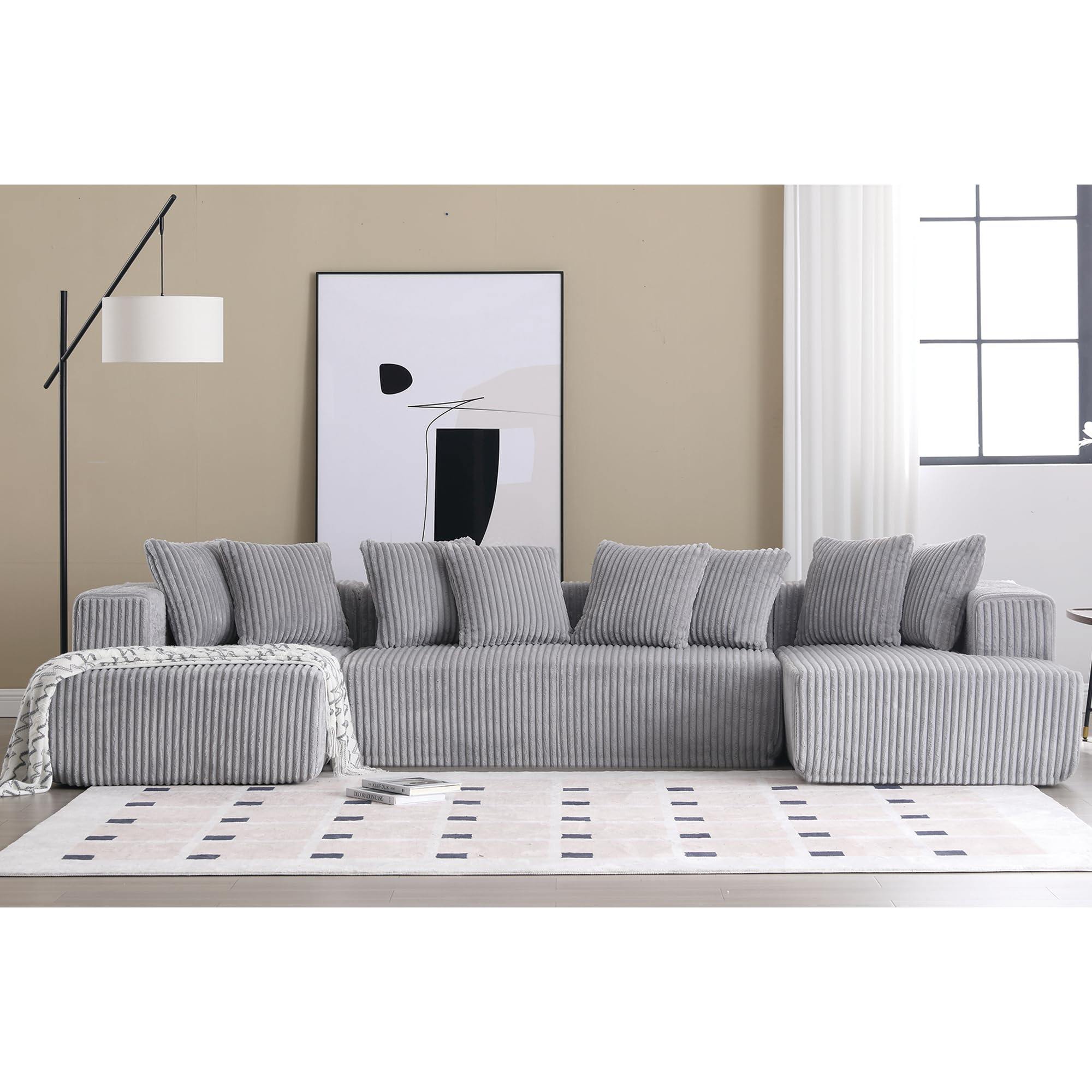 VnndeNest 131" Modular Sectional Couch, Comfy Corduroy Striped Fabric Floor Sofa, Luxury U-Shape Sectional Sofa with Chaise Lounge, Free Combination Sleeper Sofa for Living Room, Apartment, Grey