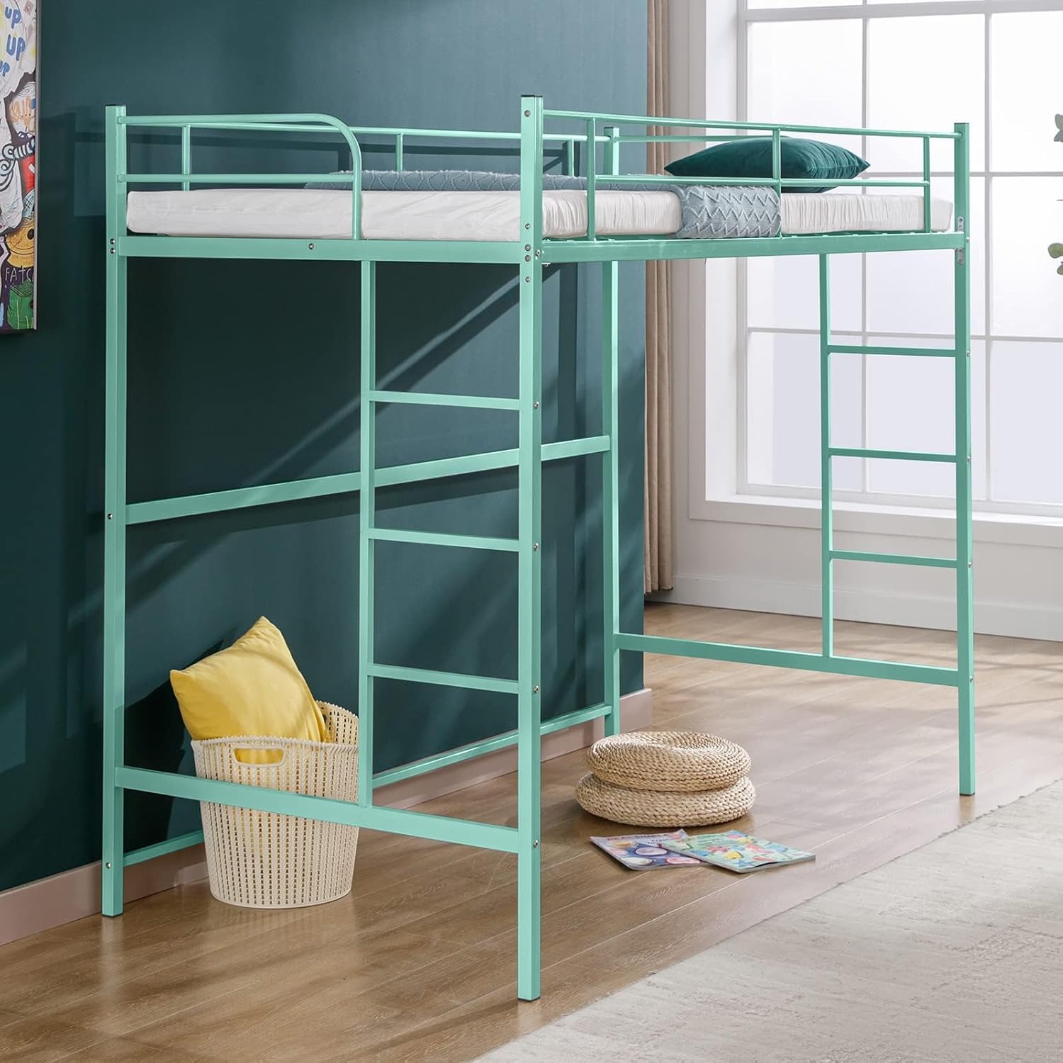 Pipleo Loft Bed Twin Size, Multifunctional Twin Size Loft Bed Frame with Safety Guardrail and Ladder, Space-Saving, Loft Beds for Juniors and Teens, No Box Spring Needed