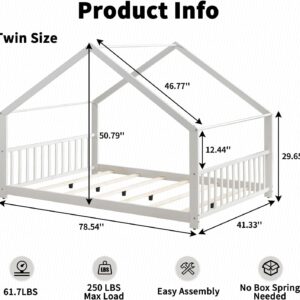 Pipleo Full Size Floor Bed, Wood House Bed with Headboard and Footboard, Montessori Wood Bed, Playhouse Toddler Floor Bed Frame for Boys, Girls, No Box Spring Needed (White, Full Size)