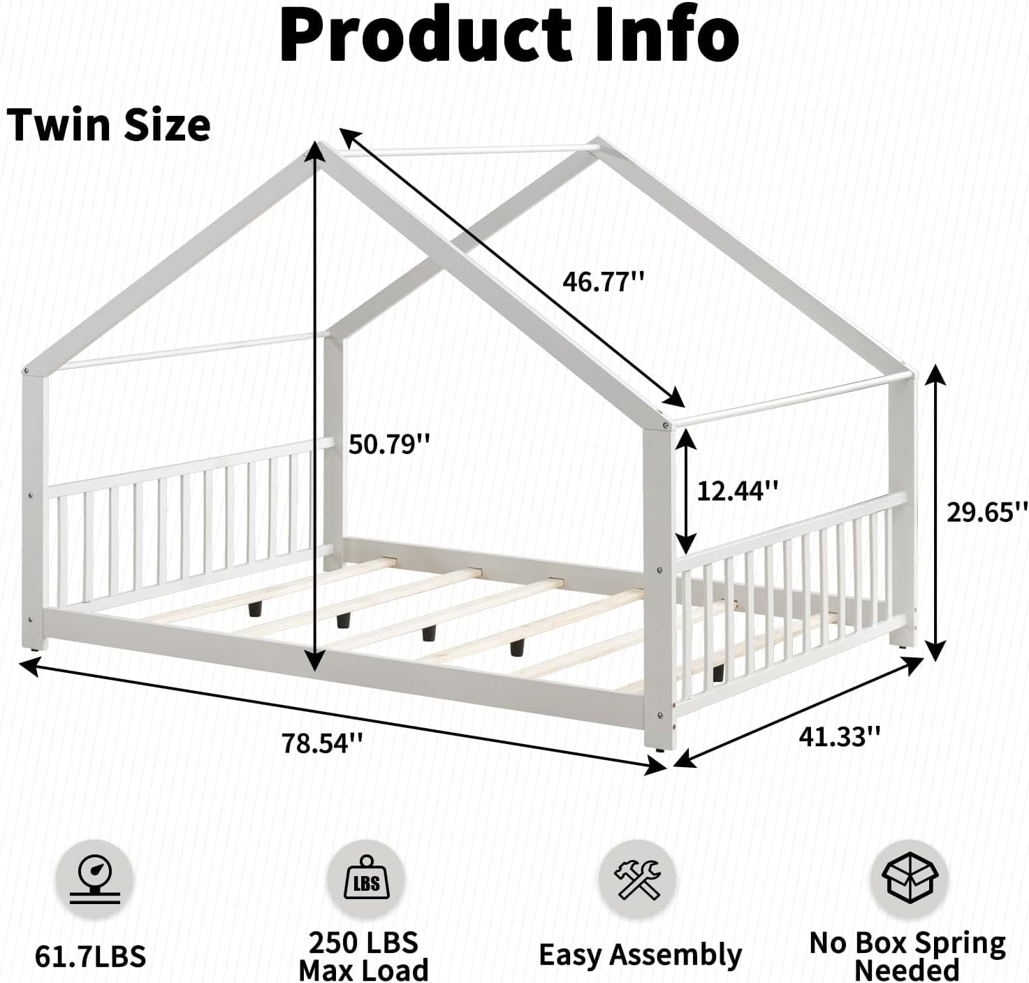 Pipleo Full Size Floor Bed, Wood House Bed with Headboard and Footboard, Montessori Wood Bed, Playhouse Toddler Floor Bed Frame for Boys, Girls, No Box Spring Needed (White, Full Size)