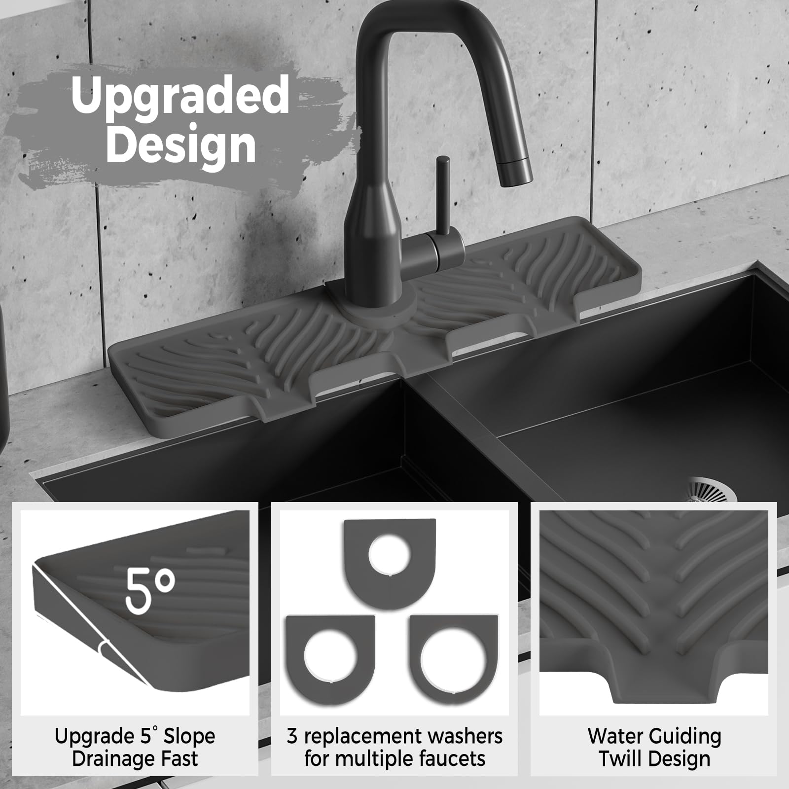 Hexola Faucet Guard & Draining Mat, Kitchen Sink Splash Guard,18 inch Silicone Handle Drip Catcher Tray, with Three Sizes of Rubber Rings to Suitable Different Faucet(Gray)