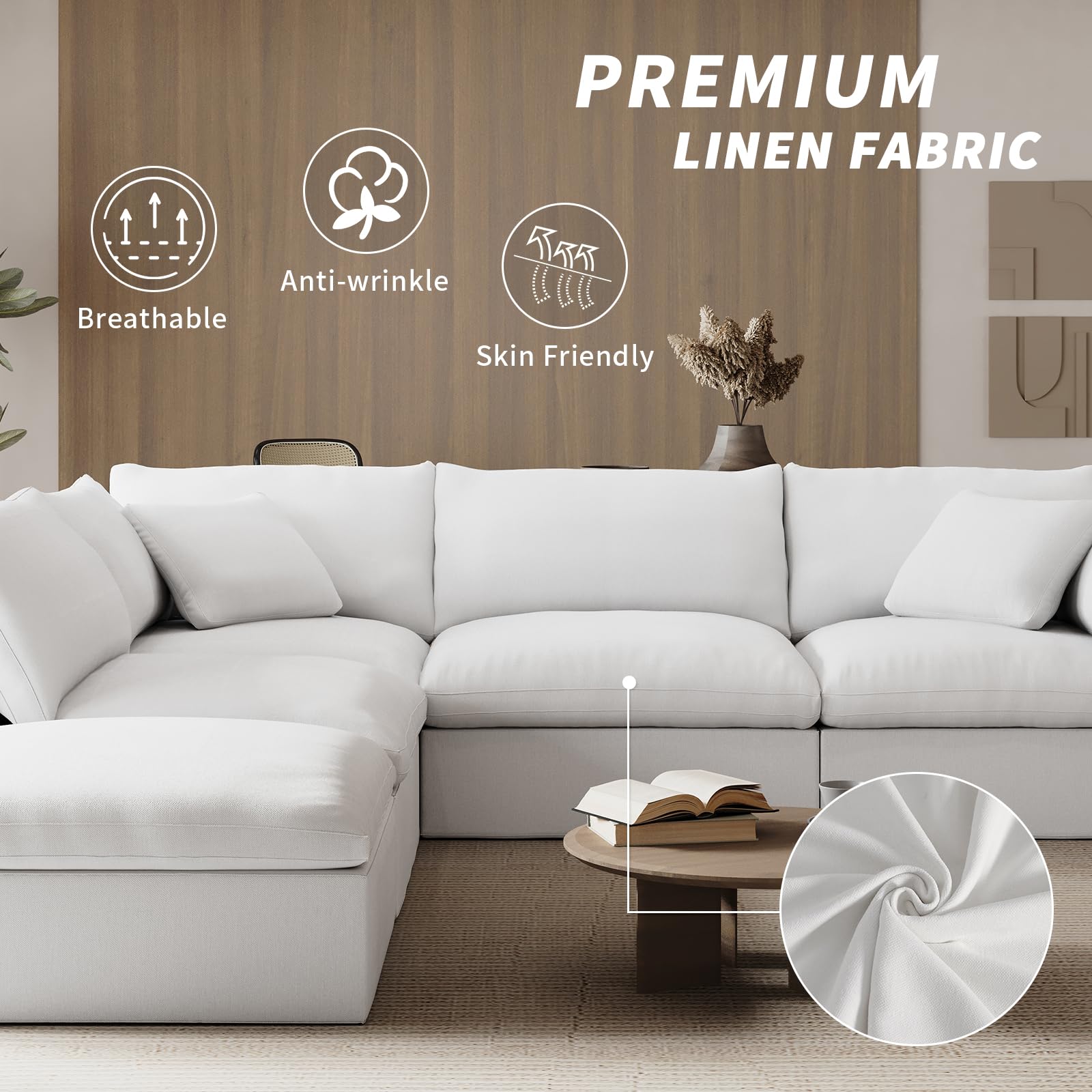 Gtilzria Oversized Modular Sectional Sofa Couch,White Linen Fabric Reversible V Shaped Sofa Couches Cloud Couch with Ottoman, Down Filled Sectional Sofa Corner Couches for Living Room,Apartment