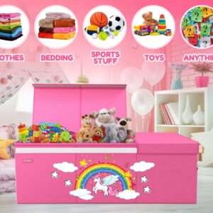 RUTIFUN Extra Large Kids Toy Storage Organizer, Collapsible Toy Baskets Storage, Large Toy Chest Basket with Lid, Unicorn Baby Toy Bins for Girls, Toy Box for Boys, w/Glow-in-the-Dark Stickers, Pink