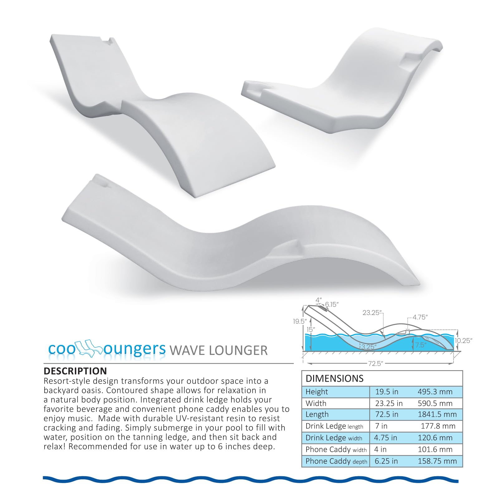 Cool Loungers in Pool Wave Lounge Chairs Set of 2 with Hourglass Side Table for Baja Sun Tanning Shelf Ledge, Handy Cell Phone Holder & Cup Holder, Suitable for Use in Water up to 6 Inches Deep, White