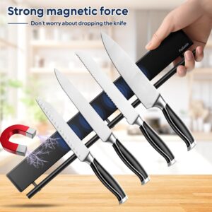 Pailexin 17 inch magnetic knife holder with 10 hooks, No Drilling black knife magnetic strip and utensil hanger for wall, Powerful knife magnet rack include tape and screws