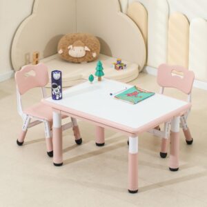 Kids Table and Chairs, Height-Adjustable Toddler Table and Chair Set with 31.5''Lx23.6''W Graffiti Desktop, Table Chair for Ages 3-8, Childrens Table and Chair Set for Daycare with 2 Chairs, Pink