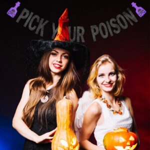 Black Glitter Pick Your Poison Banner - Halloween Hanging Paper Garland Bunting Banner with Purple Potion Bottle Decorations, Photo Backdrop for Wall Home Mantel Office Wall Scary Party Supplies