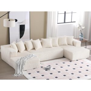 plococo 131'' modular sectional couch, u-shaped sofa, chaise lounge, striped corduroy fabric,upholstered 4 seater couch for living room, bedroom, free combination sofa (white)