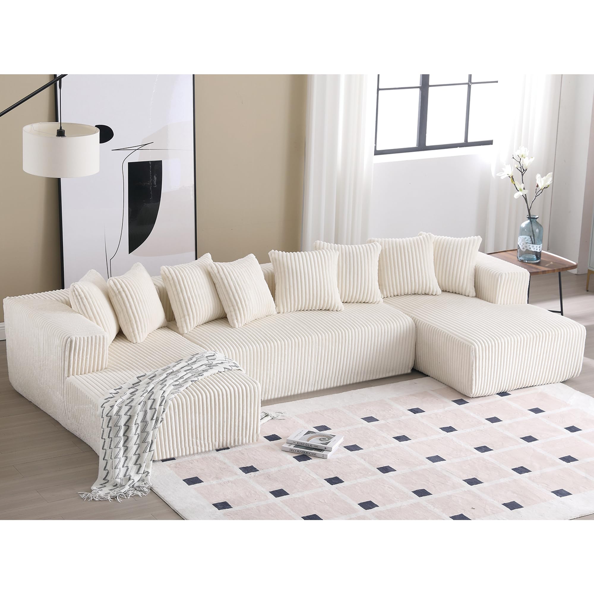 Plococo 131'' Modular Sectional Couch, U-Shaped Sofa, Chaise Lounge, Striped Corduroy Fabric,Upholstered 4 Seater Couch for Living Room, Bedroom, Free Combination Sofa (White)