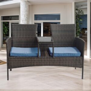 TINKLE WELL Wicker Outdoor Loveseat Modern Rattan 2-Seat Patio Conversation Set with Cushions & Built-in Coffee Table Porch Furniture for Garden Lawn Backyard, Brown