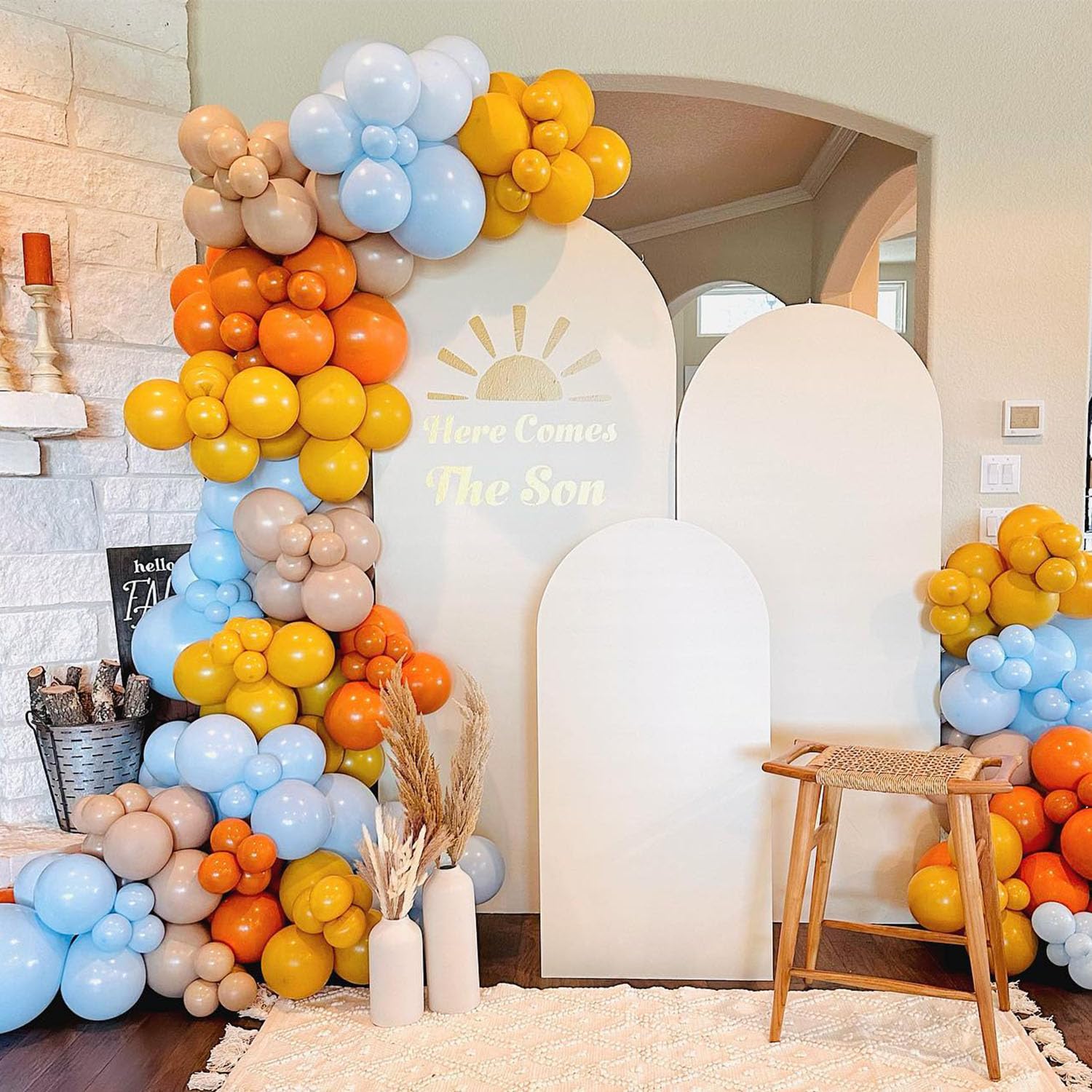 Here Comes the Son Balloon Arch Garland Kit 147Pcs Boho Retro Dusty Blue Burnt Orange Mustard Yellow Balloons for Baby Boy Shower First Trip Around the Sun Sunshine Theme Birthday Party Decorations