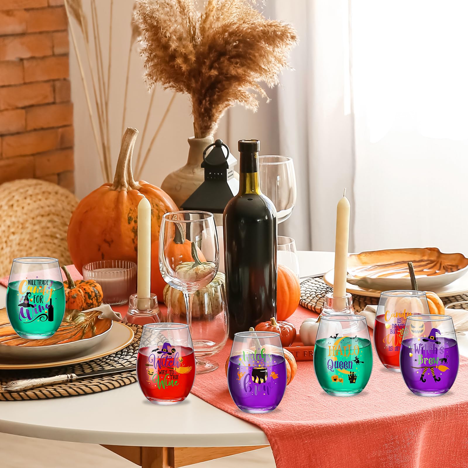 Maxcheck 12 Pcs Halloween Stemless Wine Glasses 15oz Witches Wine Glasses Hallo Queen Drinking Glasses Ice Coffee Beer Beverages Clear Tumbler Cup Halloween Gifts for Women Men Party Event Decorations